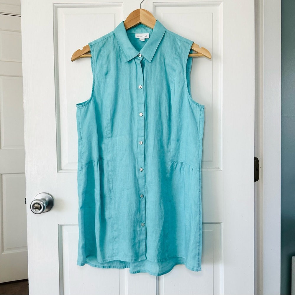 J. Jill Love Linen Aqua Blue Sleeveless Button-up Peplum Tunic Top Size S
